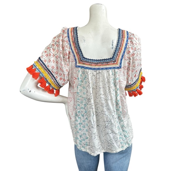 Anthropologie Maeve Paolina Puff Sleeve Tassel Trim Square Neck Blouse XS Petite - Picture 4 of 8